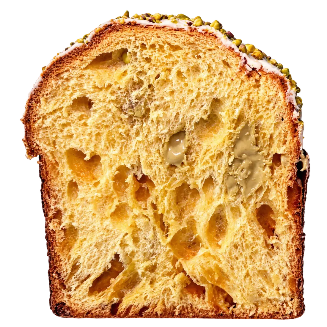 Corte de panettone de pistacho y chocolate blanco
